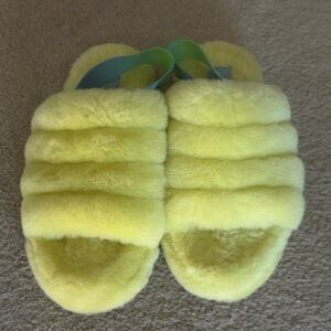 UGG size 4  Yellow Plush Slide Sandals with Blue Straps